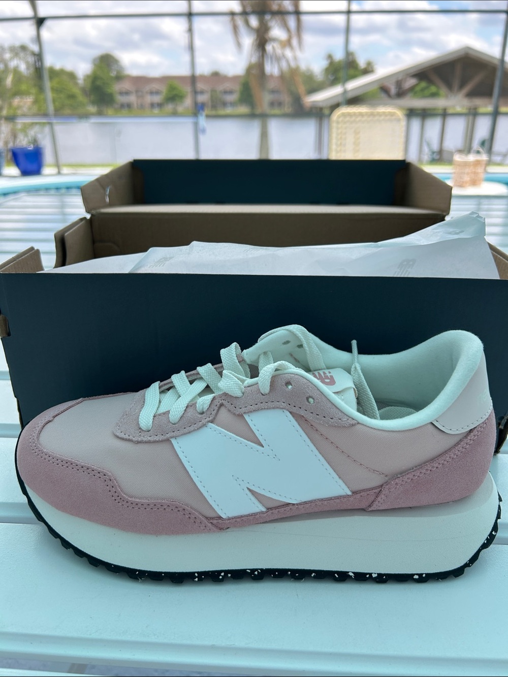New Balance Pink and White Platform Sneaker